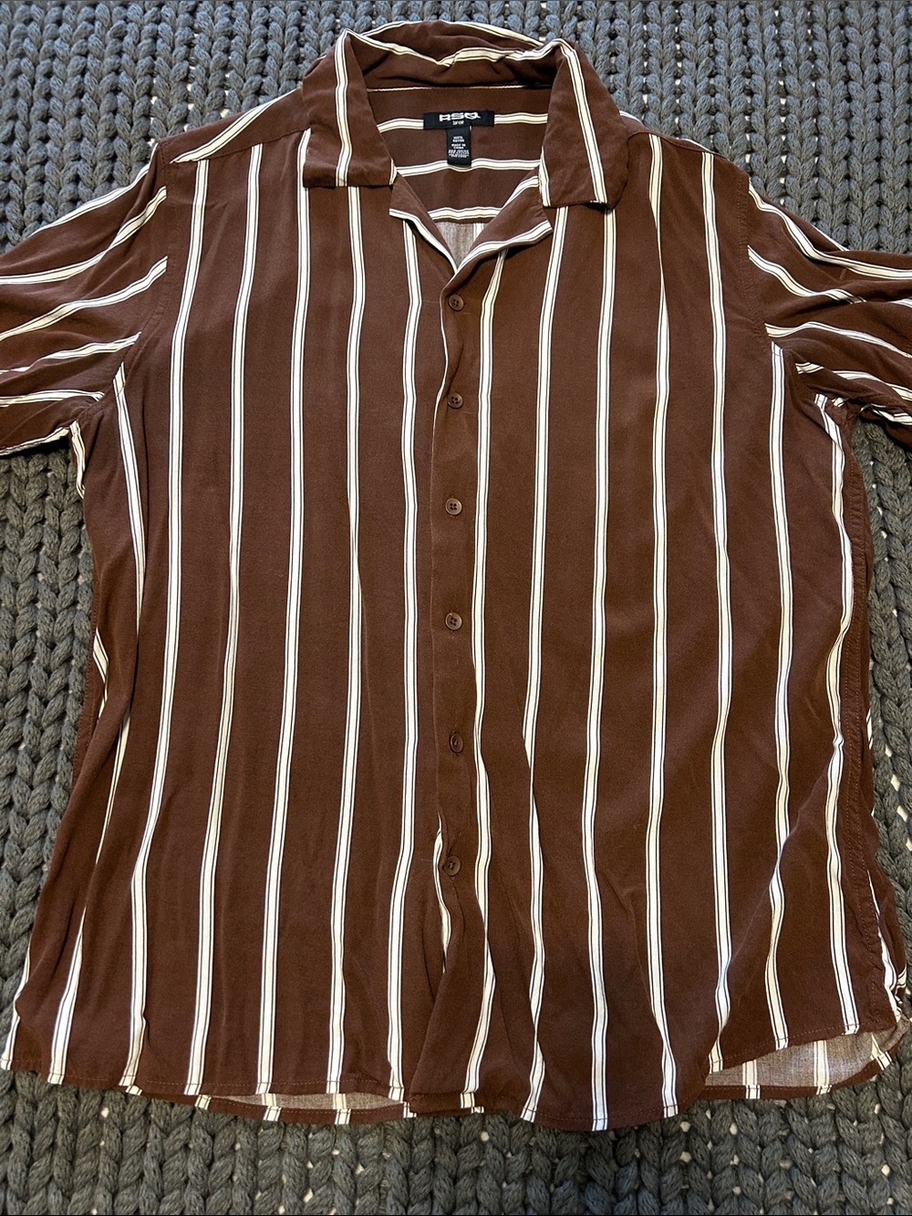 RSQ Brown Short-Sleeve Button Down with Cream Stripes
